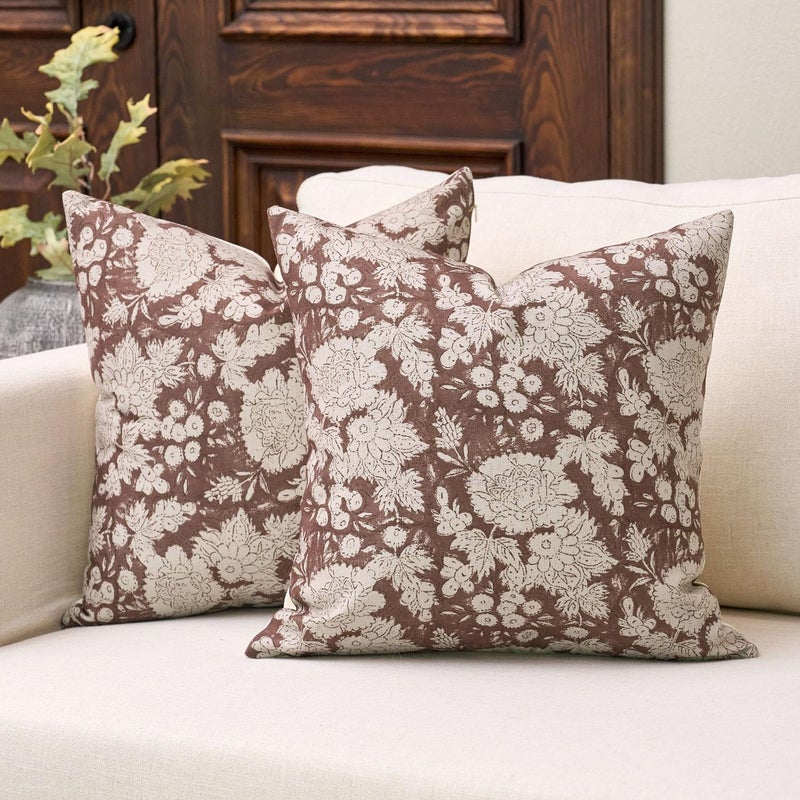 DOMVITUS Floral Pillow Covers 18x18 Set of 2, Vintage Block Print Pillow Covers Neutral Decorative Farmhouse Throw Pillow Covers for Bed Couch Living Room Brown - Image 1