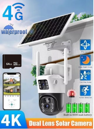 4K 8MP Solar Camera 4G Sim PTZ Cameras Outdoor Dual Lens IP Camara Solar Panel CCTV Security Built in Battery PIR Cam (With 64GB SD Card) - pzsku/Z94B34CEC9464D21D5757Z/45/1744432585/9358a1f6-308b-4aca-90ff-c4855c9ac1d0