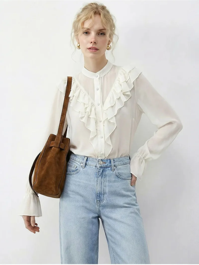 بيانكو لوتشي LUCCI Frilly Mandarin Collar Long Sleeve Chiffon Shirt