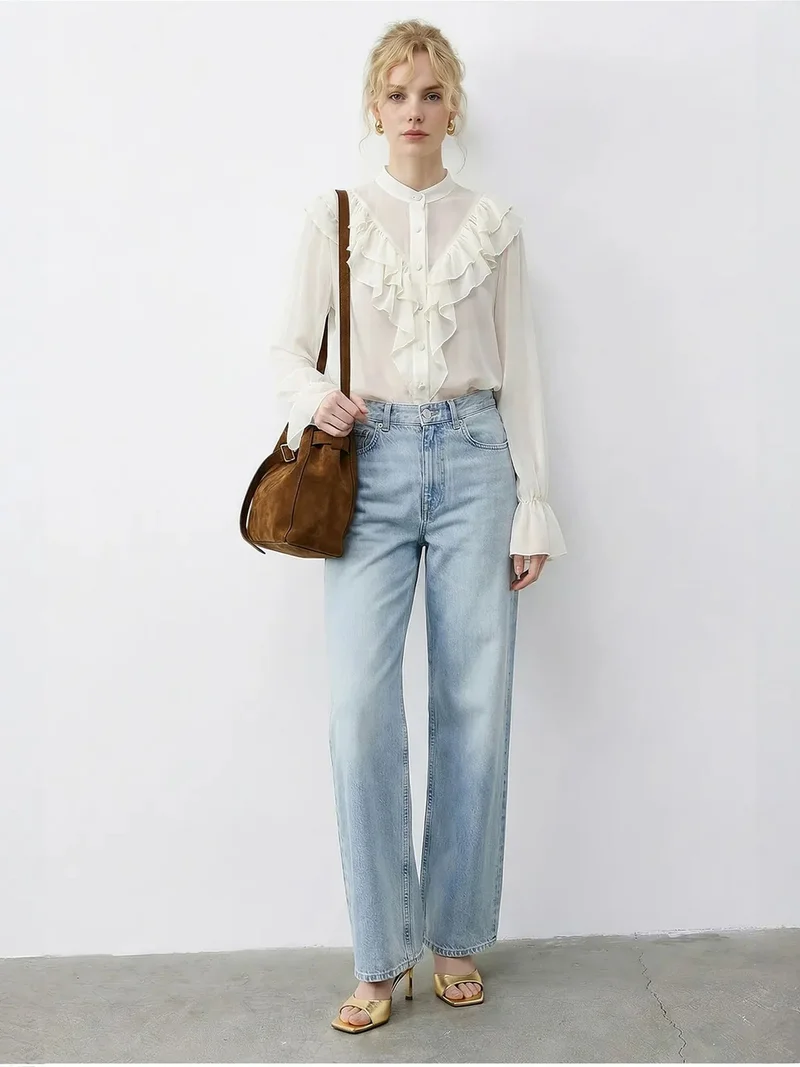 بيانكو لوتشي LUCCI Frilly Mandarin Collar Long Sleeve Chiffon Shirt