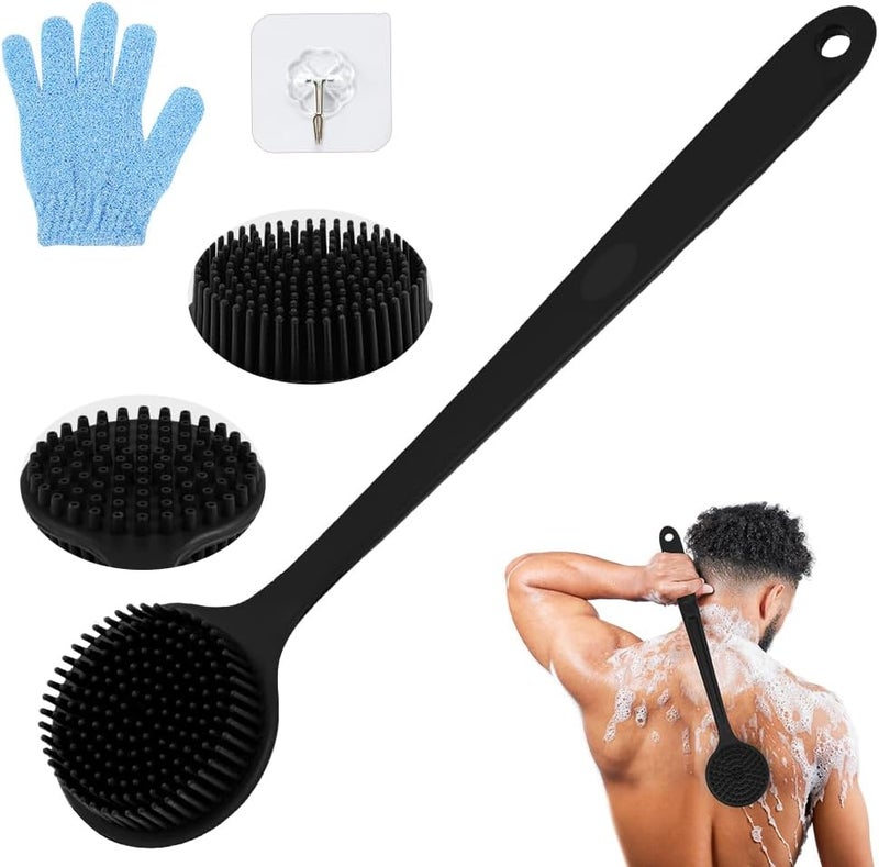 LOPHE Silicone Body Scrubber for Shower Double Sided Back Scrubber with Long Handle Shower Bath Wash Brush for Women Men Shower Spa Exfoliating Massage Black