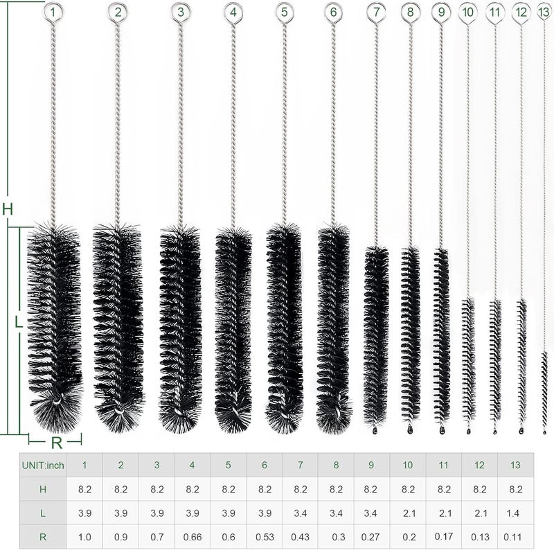 CiaraQ Bottle Cleaning Brushes, 8 Inch Nylon Tube Brush Set, Cleaner for Narrow Neck Bottles Cups with Hook, Set of 13pcs. Black - Image 2