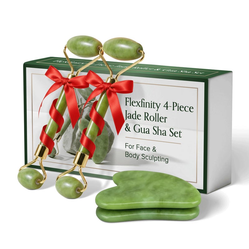 Flexfinity Jade Roller and Gua Sha Set for Face & Body â€“ 4-Piece Authentic Jade Facial Roller Kit with Jade Eye Roller and Gua Sha Facial Tools for Sculpting,Puffiness Reduction, Lymphatic Drainage & Spa Massage - Image 1