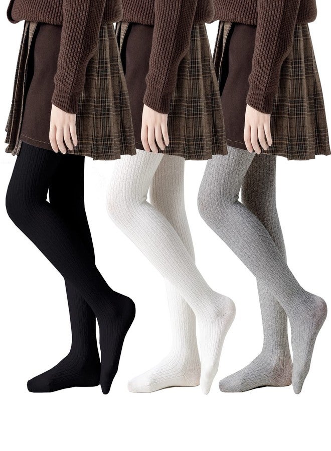 hakugoo Girls Tights Toddler Cable Knit Leggings Stockings 3 pack Cotton Seamless Pantyhose Pants for Kids Girls (Black+Ivory+Grey, 8-10 Years) - Image 1