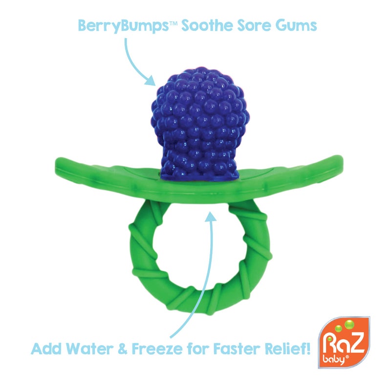 RaZbaby Soft Silicone Infant & Baby 3M+ Teether Toy Berrybumps Textured Teething Relief Pacifier - Soothes Sore Gums - Hands-Free & Easy-to-Hold Fruit-Shaped RaZberry Design, BPA Free – Blue - Image 2