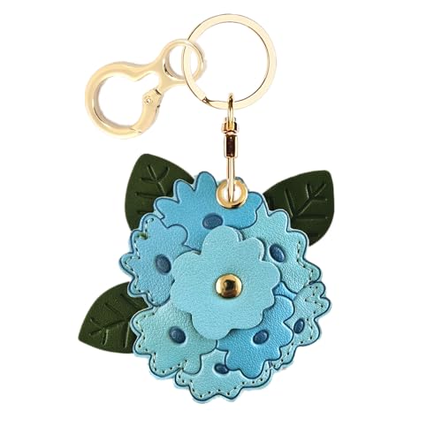 BORKUANA Leather Keychain Holder Case Compatible with AirTag,Cute Protective Apple Air Tag Cover with Keychain Ring,Anti-Scratch Finder GPS Tracker Case for Wallet Keys,bag,pets(Blue Hydrangea) - Image 1