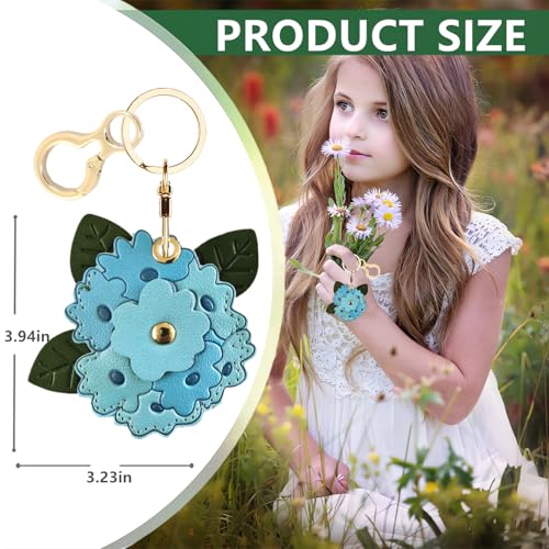 BORKUANA Leather Keychain Holder Case Compatible with AirTag,Cute Protective Apple Air Tag Cover with Keychain Ring,Anti-Scratch Finder GPS Tracker Case for Wallet Keys,bag,pets(Blue Hydrangea) - Image 2