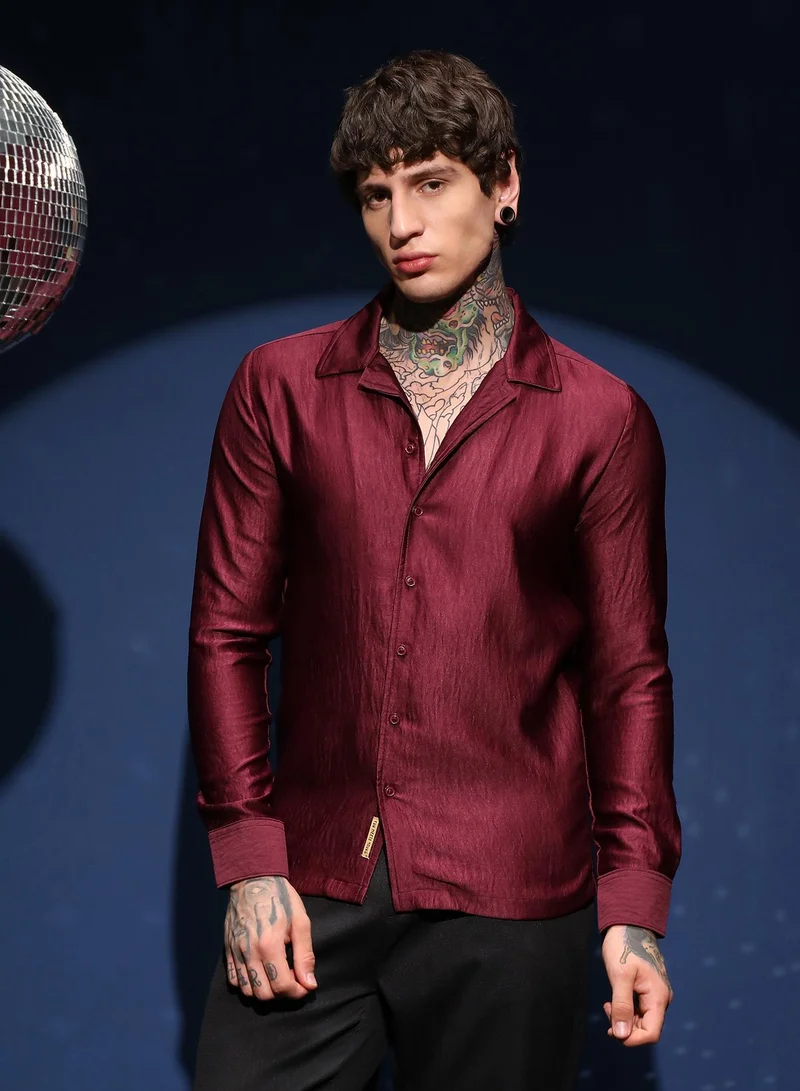Campus Sutra Men's Burgundy Red Satin Cuban Shirt