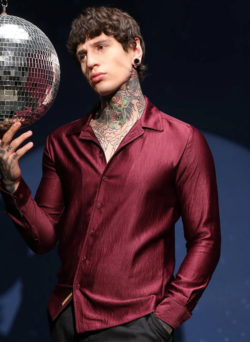 Campus Sutra Men's Burgundy Red Satin Cuban Shirt