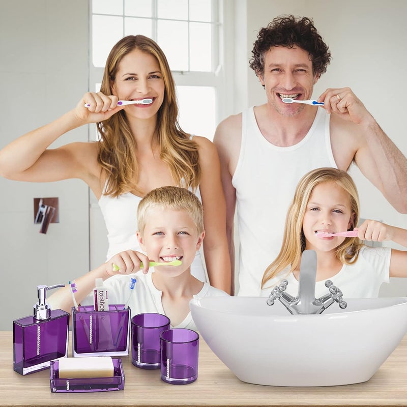 woobles Bathroom Accessories Set, Bathroom Designer 5-Piece Bath Accessory Set Decorative Bath Accessory Kit with Toothbrush Holder Soap Dish Toothbrush Cup Soap Dispenser Gargle Cup (Purple) - Image 3