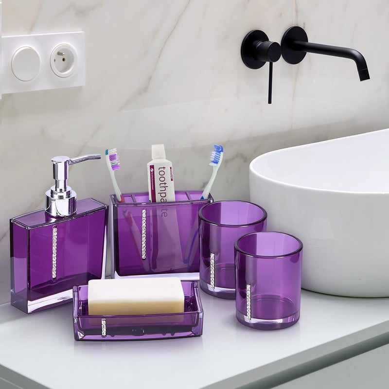woobles Bathroom Accessories Set, Bathroom Designer 5-Piece Bath Accessory Set Decorative Bath Accessory Kit with Toothbrush Holder Soap Dish Toothbrush Cup Soap Dispenser Gargle Cup (Purple) - Image 2