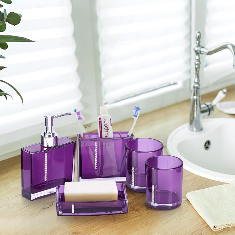 woobles Bathroom Accessories Set, Bathroom Designer 5-Piece Bath Accessory Set Decorative Bath Accessory Kit with Toothbrush Holder Soap Dish Toothbrush Cup Soap Dispenser Gargle Cup (Purple) - Image 4