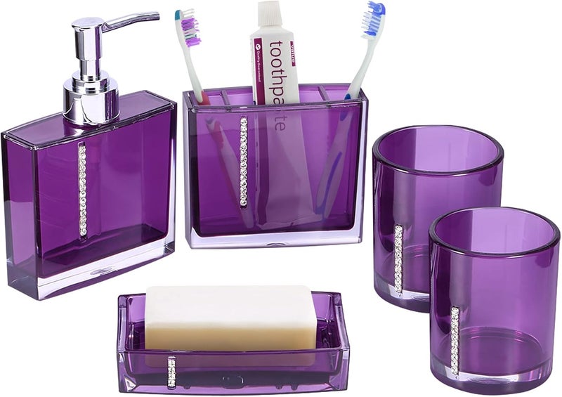 woobles Bathroom Accessories Set, Bathroom Designer 5-Piece Bath Accessory Set Decorative Bath Accessory Kit with Toothbrush Holder Soap Dish Toothbrush Cup Soap Dispenser Gargle Cup (Purple) - Image 1