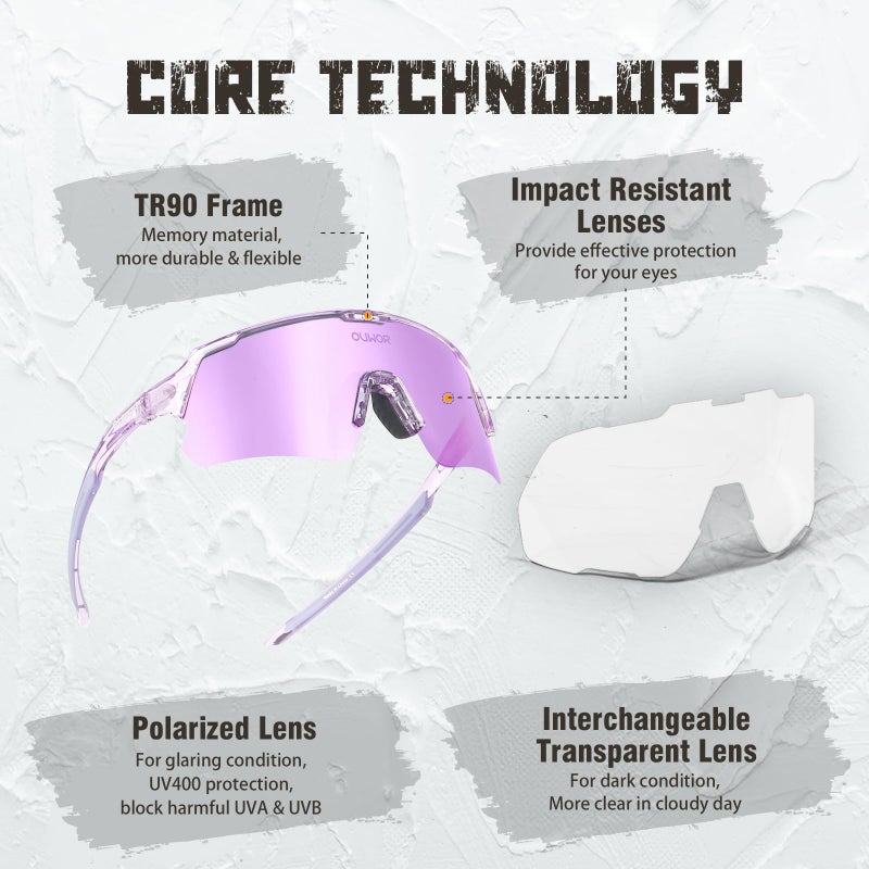 OUWOR Polarized Cycling Glasses for Men Women Youth, UV400 Mountain Bike Sunglasses for Bicycle Mtb Running Fishing Baseball Hiking (Translucent & Purple) - Image 2