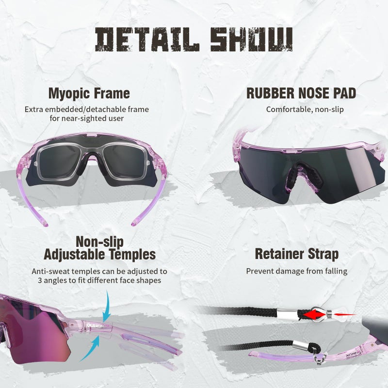 OUWOR Polarized Cycling Glasses for Men Women Youth, UV400 Mountain Bike Sunglasses for Bicycle Mtb Running Fishing Baseball Hiking (Translucent & Purple) - Image 3