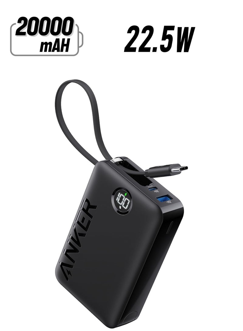 حزمة بطارية باور بانك 20000 مللي أمبير، 20000 مللي أمبير 22.5 واط شاحن محمول عالي السرعة مع كابل USB C مدمج، 1 USB-C، 1 USB-A، لهاتف iPhone 15/15 Plus/15 Pro/15 Pro Max، ماك بوك، جالاكسي بلاك - Image 1