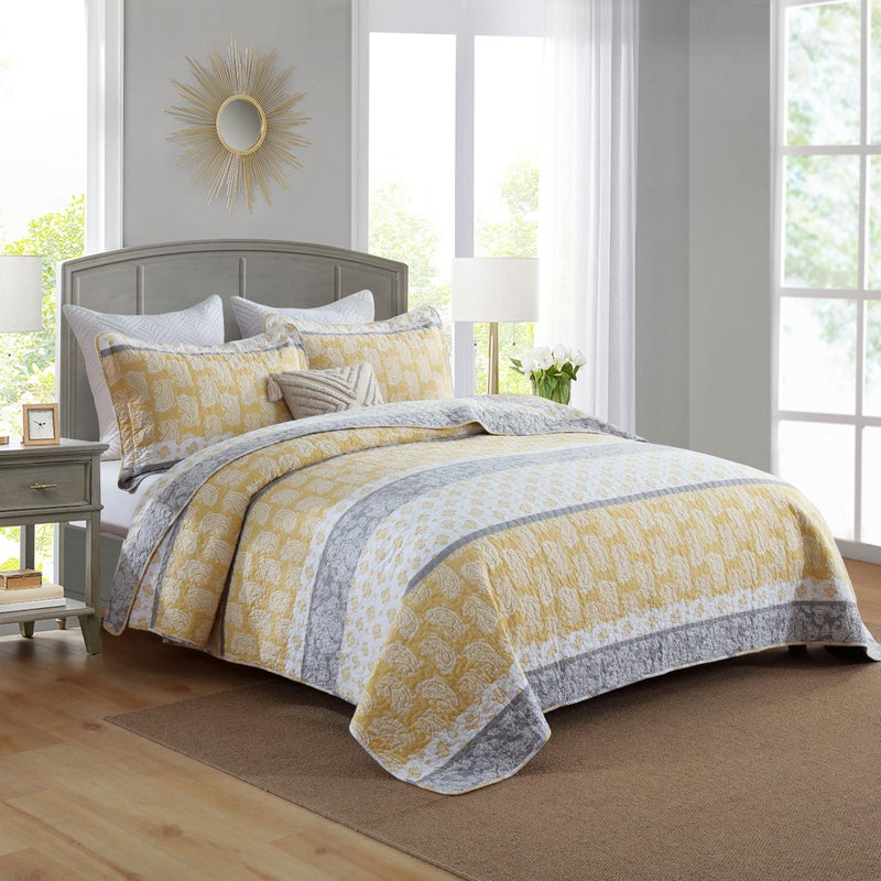 AJOCCI Quilt King Size, Cotton King Size Comforter Set, Yellow Grey White Bedding, Farmhouse Striped Bed Set, Lightweight Bedspread All Seasons 3 Piece - Image 2