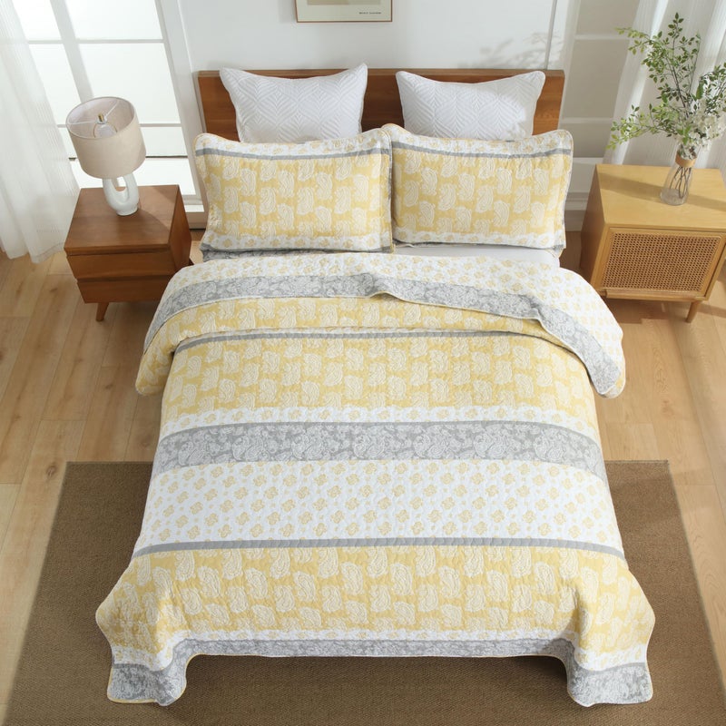 AJOCCI Quilt King Size, Cotton King Size Comforter Set, Yellow Grey White Bedding, Farmhouse Striped Bed Set, Lightweight Bedspread All Seasons 3 Piece - Image 3