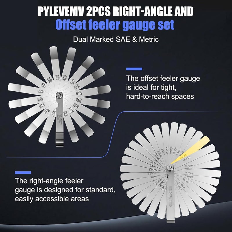 Pylevemv 2Pcs High-Precision Feeler Gauge Set 32-Blade Straight and 16-Blade Offset Filler Gauge, Dual Marked SAE & Metric Feeler Gauges for Valves, Spark Plug, Engine, Guitar Setup - Image 3