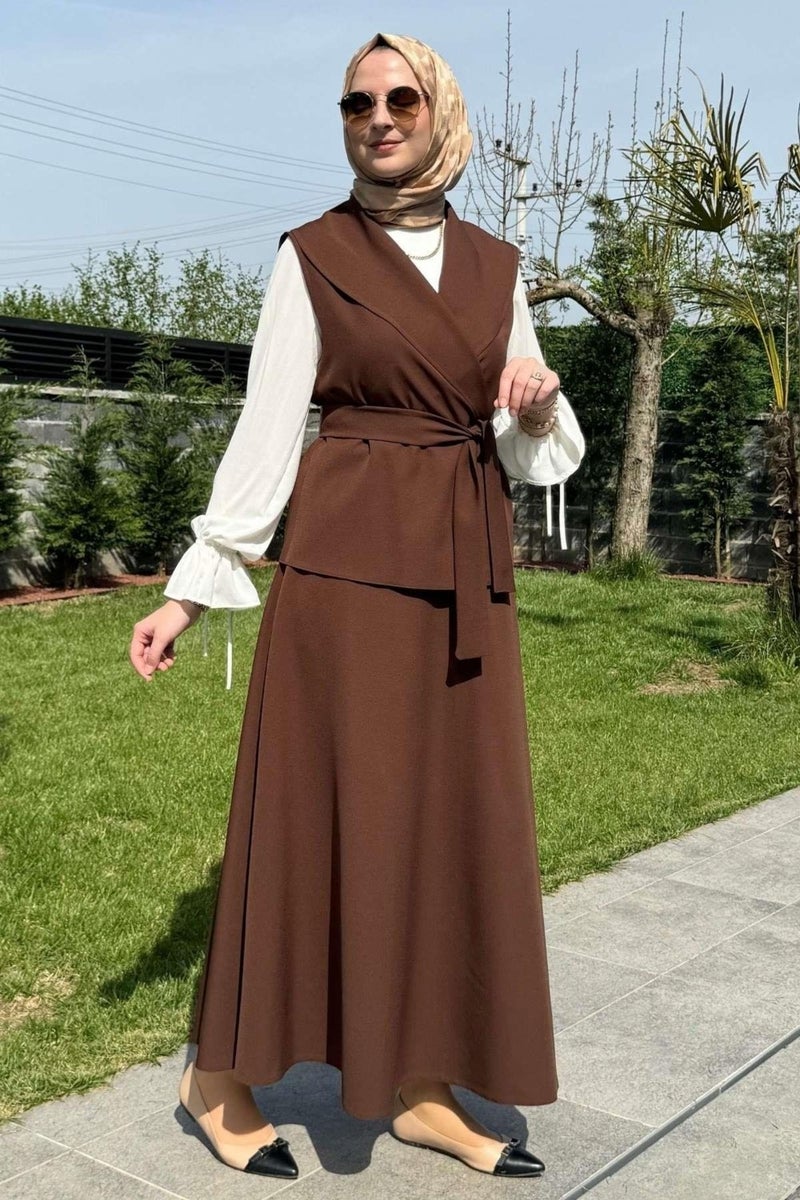 Rabia Şamlı Rabia Damask Elegant Skirt Vest Set Bitter Brown - Image 2