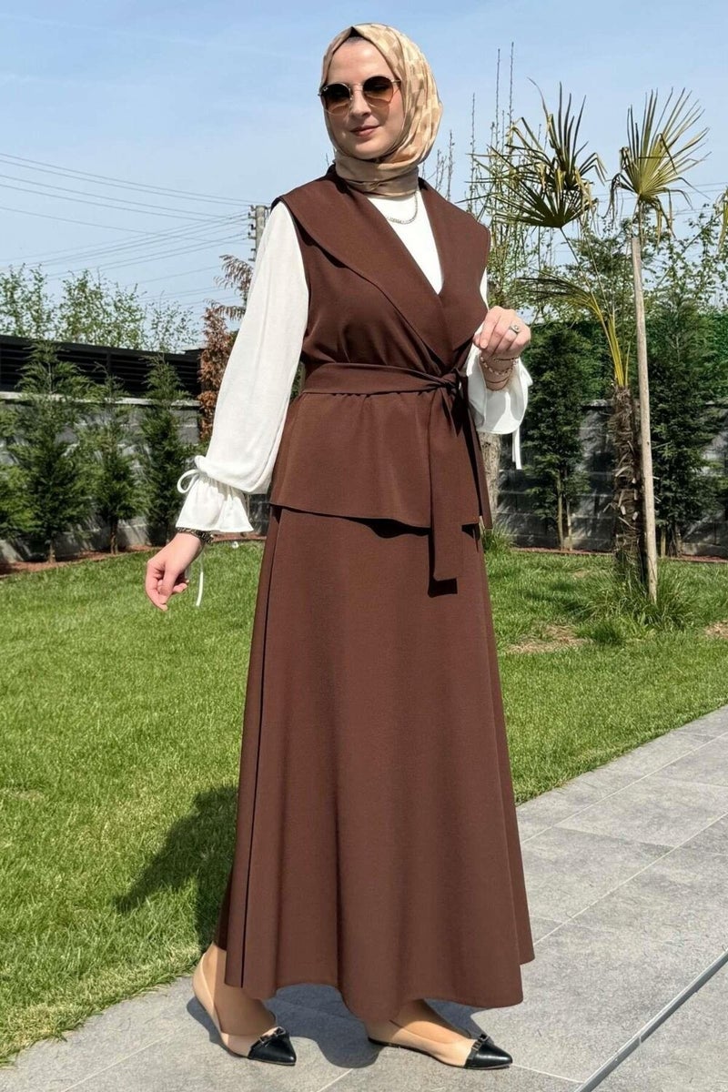 Rabia Şamlı Rabia Damask Elegant Skirt Vest Set Bitter Brown - Image 5