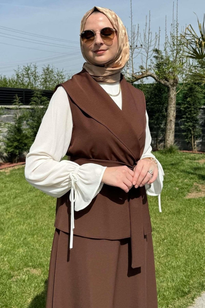 Rabia Şamlı Rabia Damask Elegant Skirt Vest Set Bitter Brown - Image 3