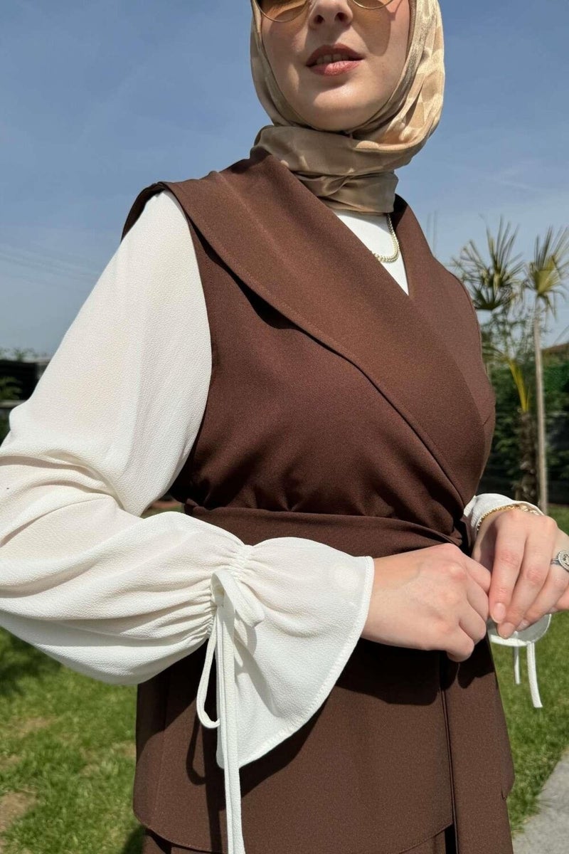 Rabia Şamlı Rabia Damask Elegant Skirt Vest Set Bitter Brown - Image 4