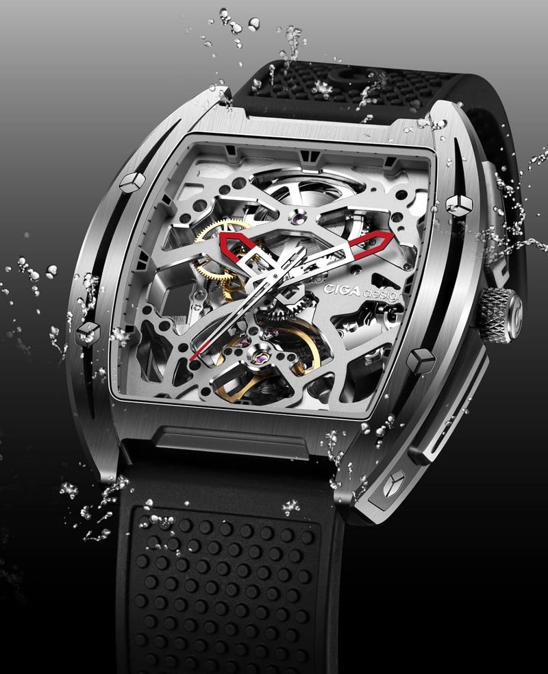 CIGA Design Z Series Hunter Automatic Mechanical Watch, Stainless Steel/Titanium Skeleton Square Luxury Timepiece, Ideal Gift for Men and Women - Image 2