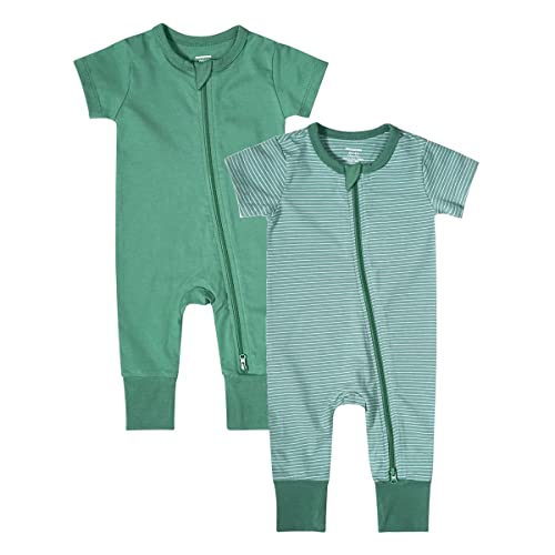 Teach Leanbh Baby Boys Girls 2-Pack Romper Jumpsuits Cotton 2 Way Zipper Short Sleeve Footless Sleep and Play 3-24 Months (Green, 3-6 Months) - Image 1