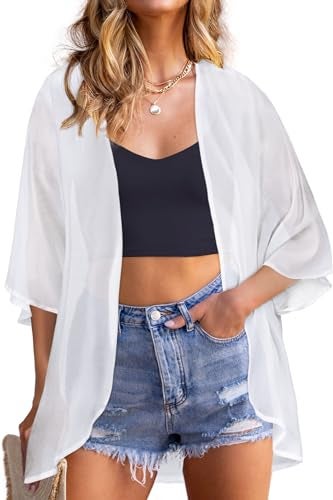 rosemia Women Summer Tops Flowy Sleeve Kimono Colorful Dressy Daily Light Cardigan(A-Soild White,XL) - Image 1
