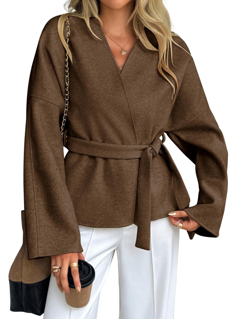 EHSUYAB Old Money Women Cropped Pea Coat, Short Wrap Belted Blazer Jackets, Winter Work Office Business Fashion Casual Outfit Brown Medium - Image 1