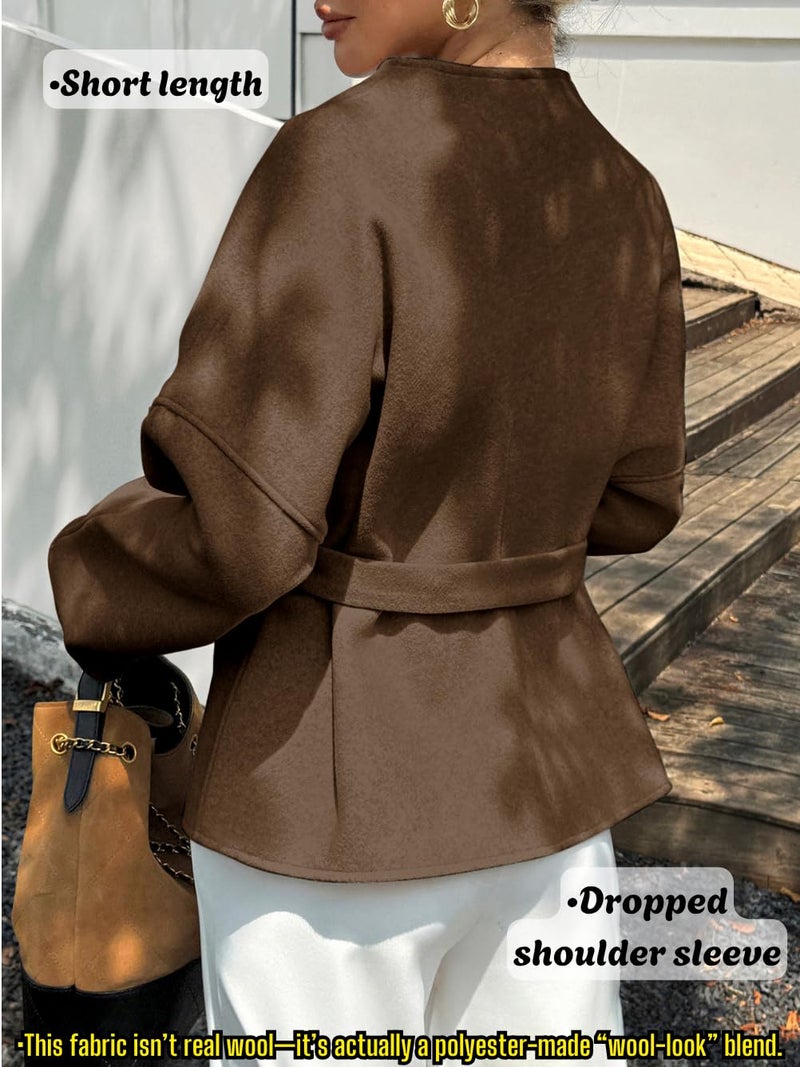 EHSUYAB Old Money Women Cropped Pea Coat, Short Wrap Belted Blazer Jackets, Winter Work Office Business Fashion Casual Outfit Brown Medium - Image 3