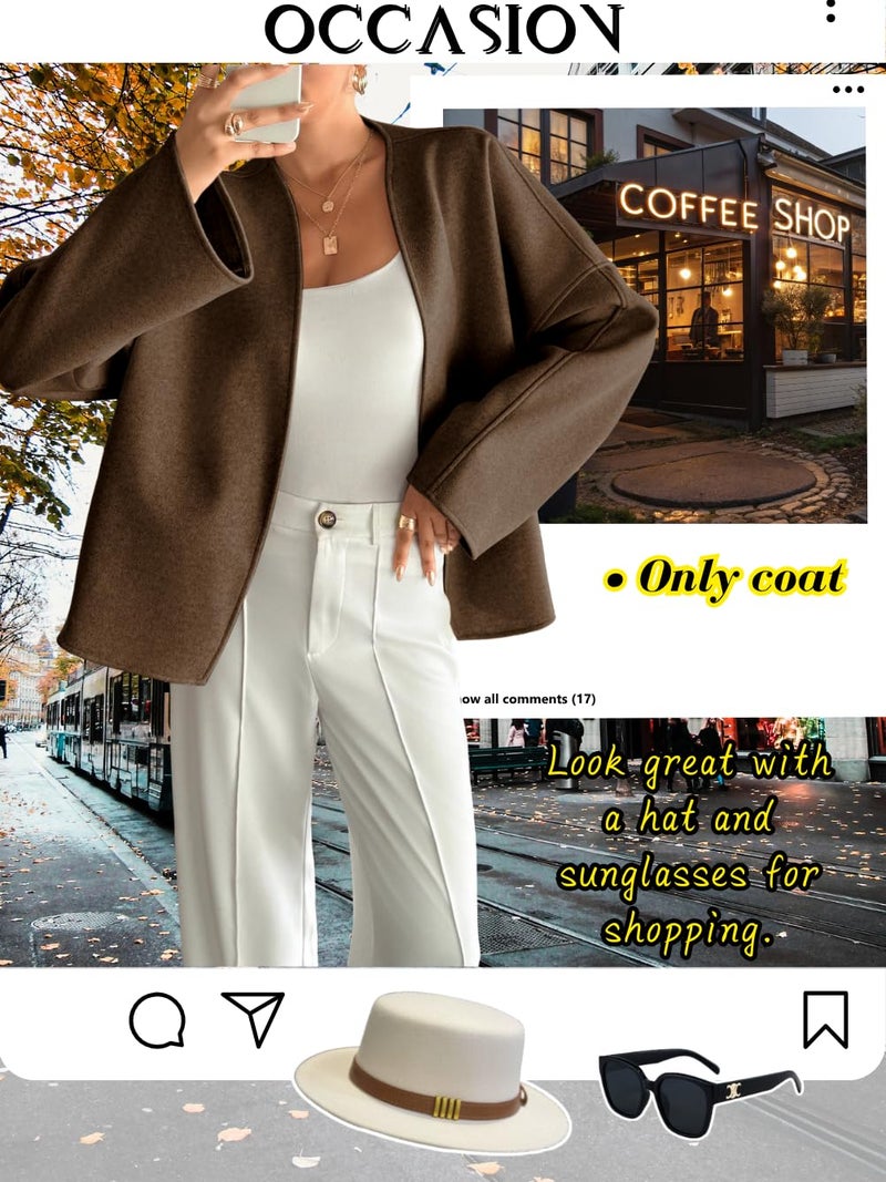 EHSUYAB Old Money Women Cropped Pea Coat, Short Wrap Belted Blazer Jackets, Winter Work Office Business Fashion Casual Outfit Brown Medium - Image 5