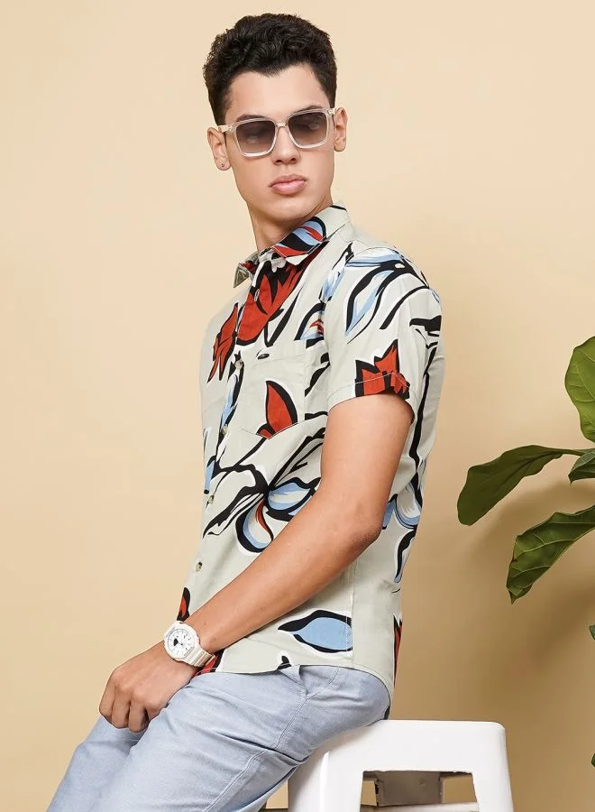 The Indian Garage Co Men Slim Fit Floral Printed Half Sleeves Spread Collar Resort Wear Shirt