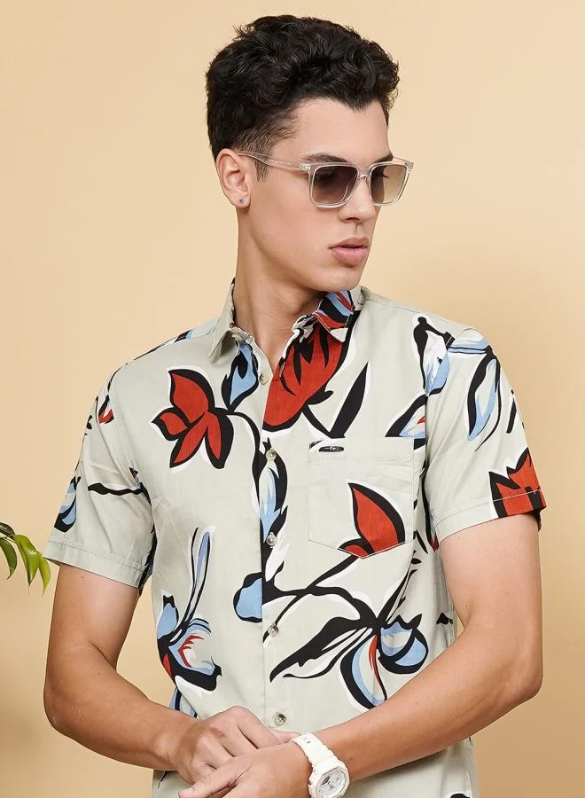 The Indian Garage Co Men Slim Fit Floral Printed Half Sleeves Spread Collar Resort Wear Shirt