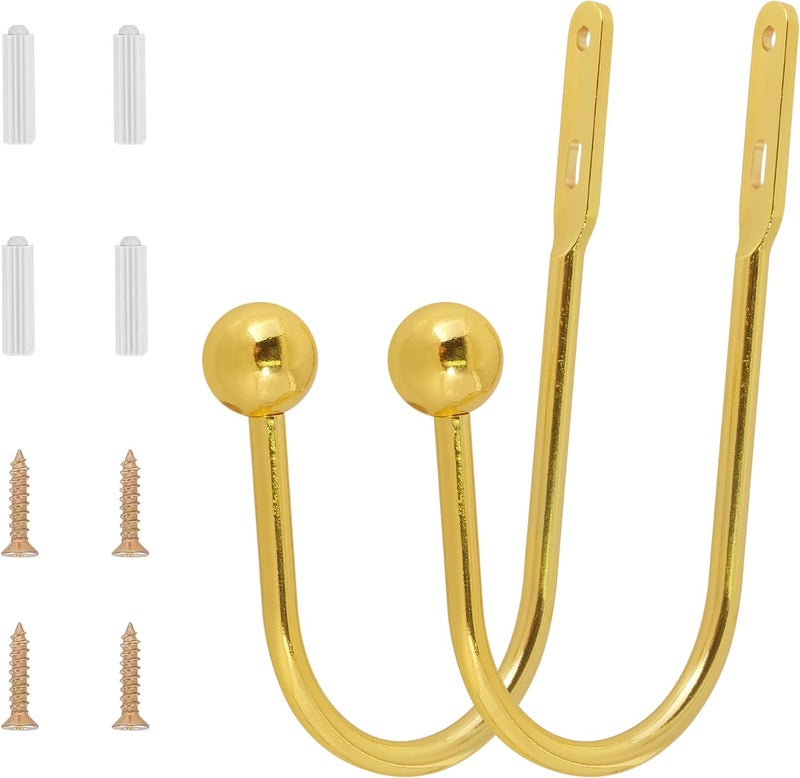 HEMOUR Curtain Holdback, 2 Pcs Wall Mounted Drapery Tiebacks with Screws, Heavy Duty Metal Decorative Window Drapery Holder Curtain Hook, Gold - Image 2