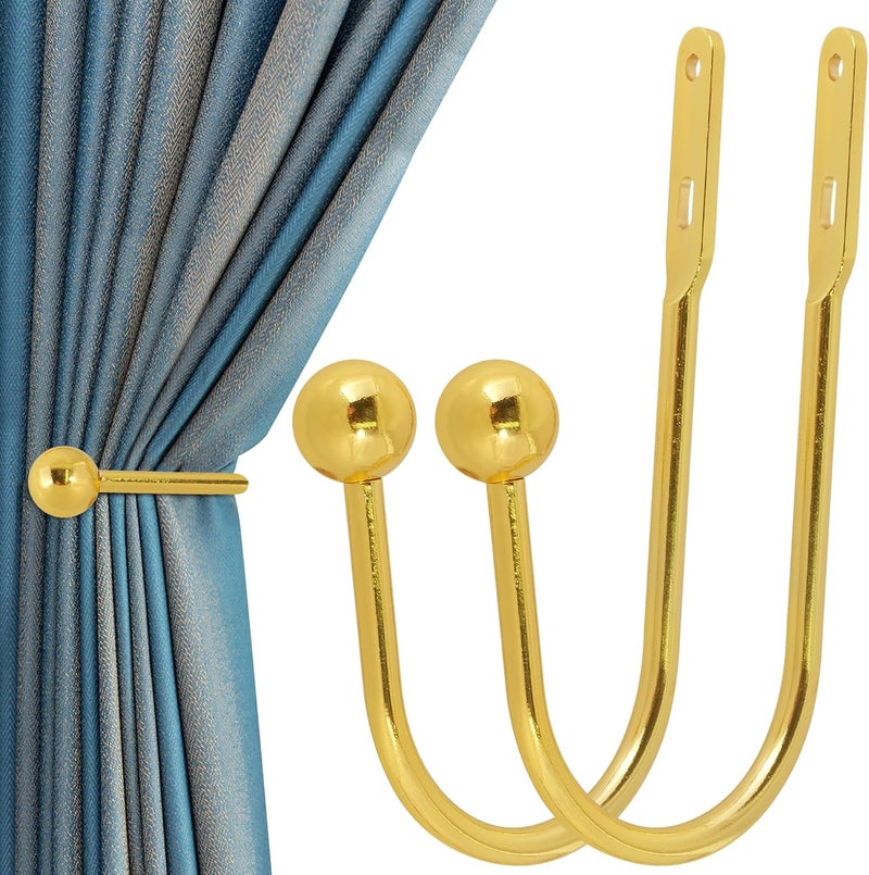 HEMOUR Curtain Holdback, 2 Pcs Wall Mounted Drapery Tiebacks with Screws, Heavy Duty Metal Decorative Window Drapery Holder Curtain Hook, Gold - Image 1