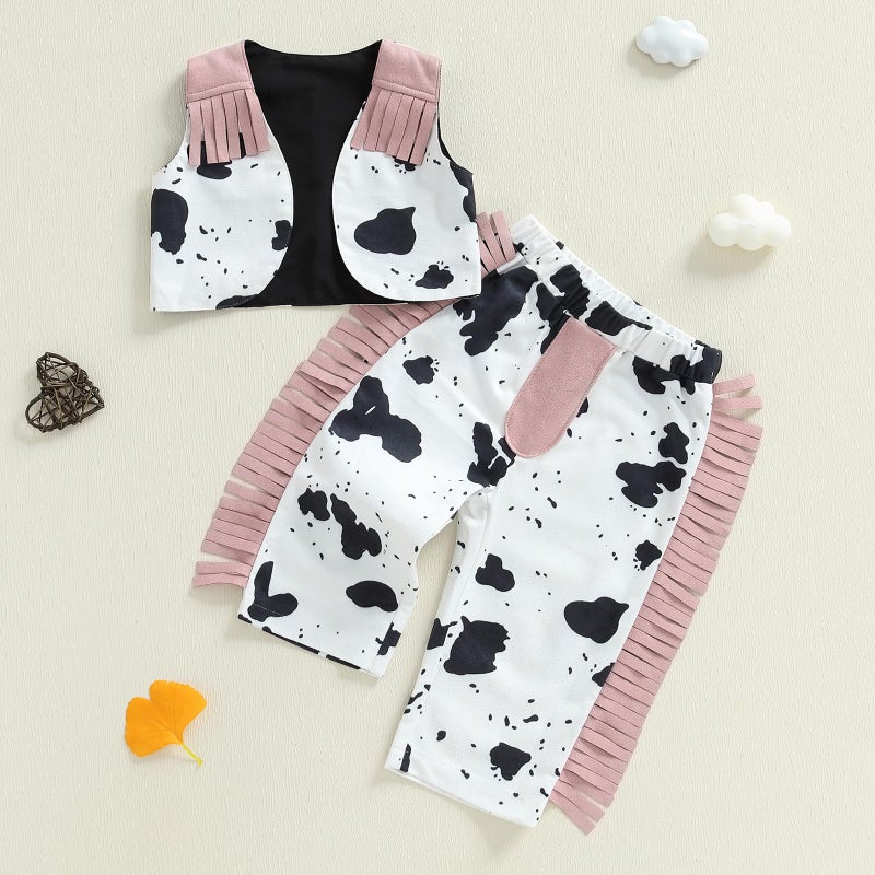 Rourufy Toddler Baby Girl Western Outfit Kids Cowgirl Cow Print Top Vest Tassel Pants 2pcs Set Girls Spring Fall Clothes (A Cow Print Pink, 18-24 Months) - Image 3