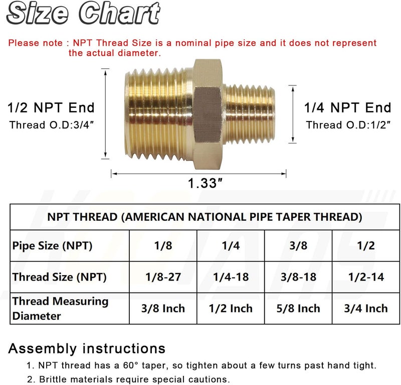 KOOTANS 1/2 NPT Male x 1/4 NPT Male Solid Brass Nipples, Heavy Brass Pipe Adapter Fittings Hex Reducing Nipples Connectors 4Pieces - Image 2