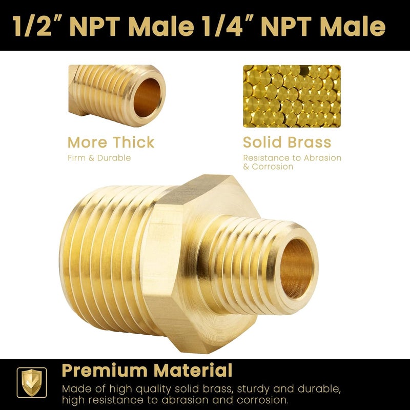 KOOTANS 1/2 NPT Male x 1/4 NPT Male Solid Brass Nipples, Heavy Brass Pipe Adapter Fittings Hex Reducing Nipples Connectors 4Pieces - Image 3