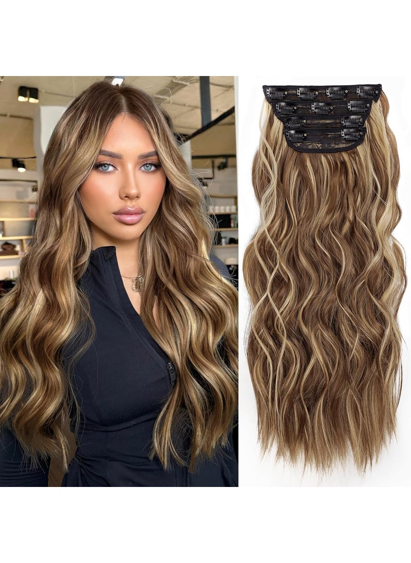 KooKaStyle KooKaStyle Clip in Synthetic Hair Extensions Long Wavy 4PCS Honey Blonde Mixed Light Fiber Double Weft Natural Hair Extensions 20 Inch for Women 