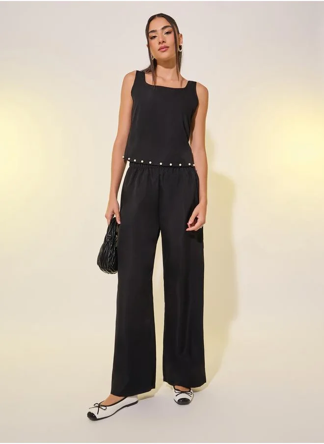 Styli Women Black Solid Faux Pearl Detail Cami and Pants Co-Ords