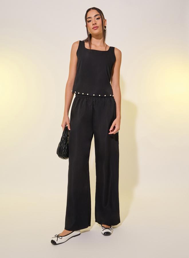 Take Two Women Black Solid Faux Pearl Detail Cami and Pants Co-Ords  - Image 2