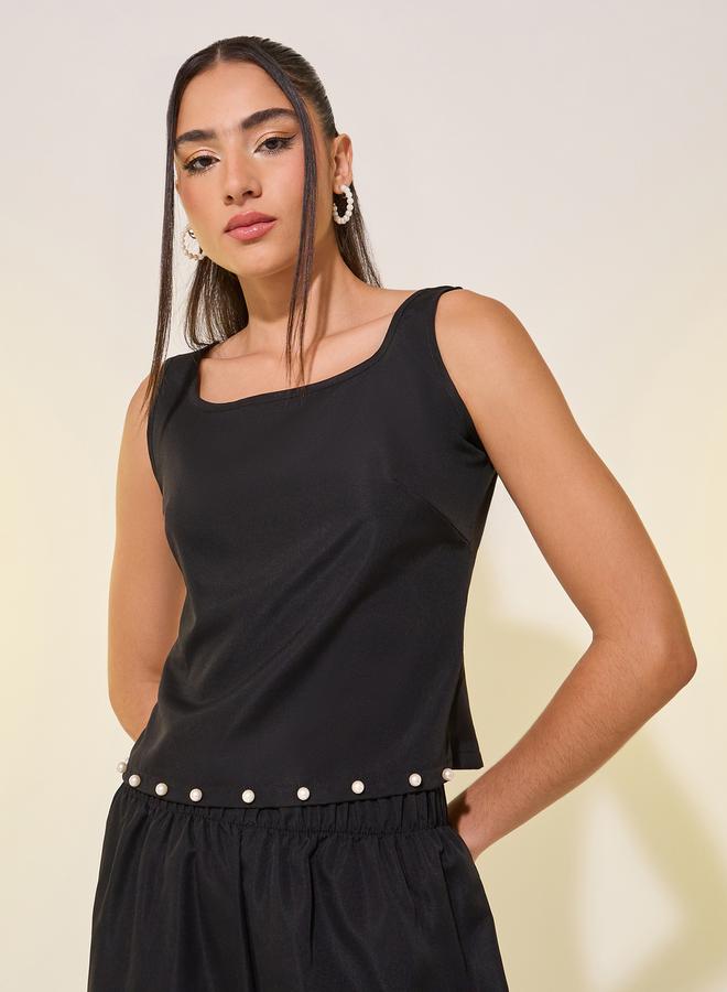Take Two Women Black Solid Faux Pearl Detail Cami and Pants Co-Ords  - Image 3