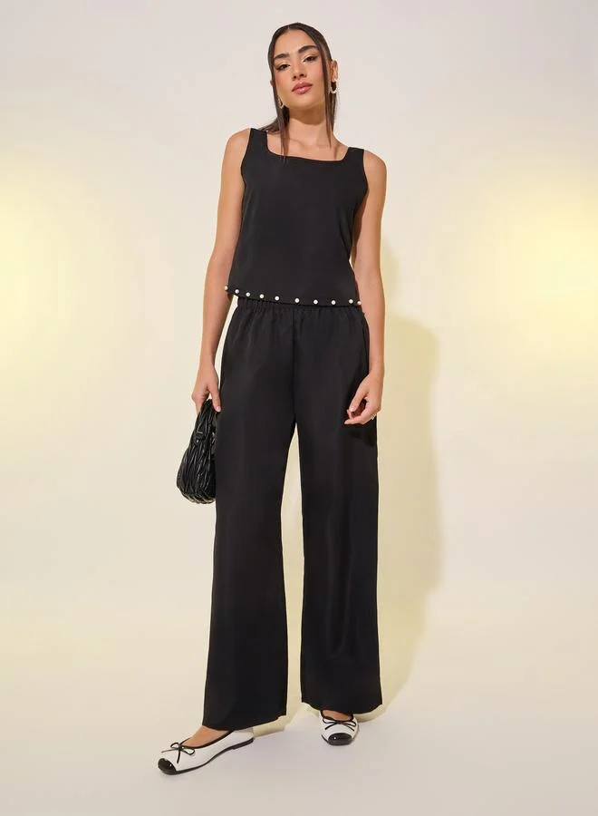 Take Two Women Black Solid Faux Pearl Detail Cami and Pants Co-Ords