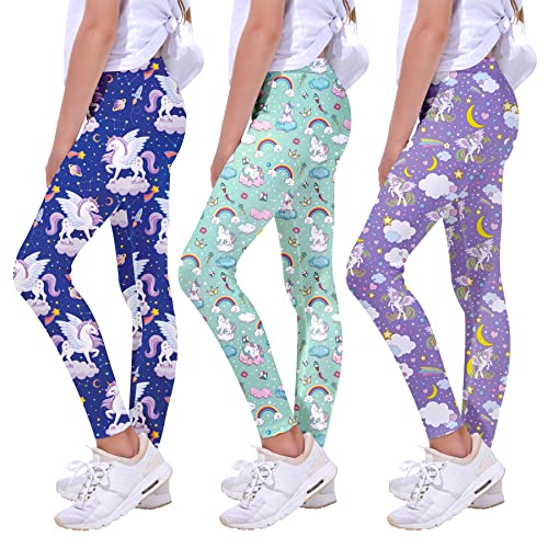 Quedoris Girls 3-Pack Printed Leggings Unicorn Kingdom/Sky/Galaxy Unicorn 130Y - Image 1