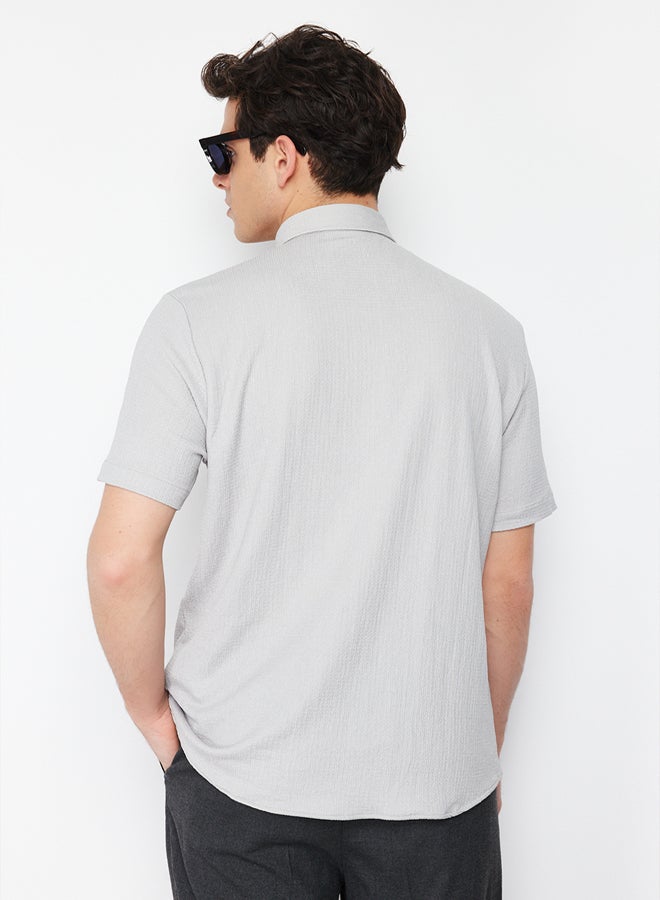 trendyol Grey Regular Fit Short Sleeve Summer Textured Crepe Knit Shirt - Image 5