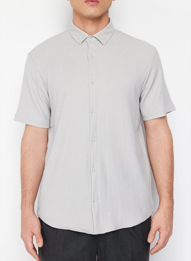 trendyol Grey Regular Fit Short Sleeve Summer Textured Crepe Knit Shirt - Image 4