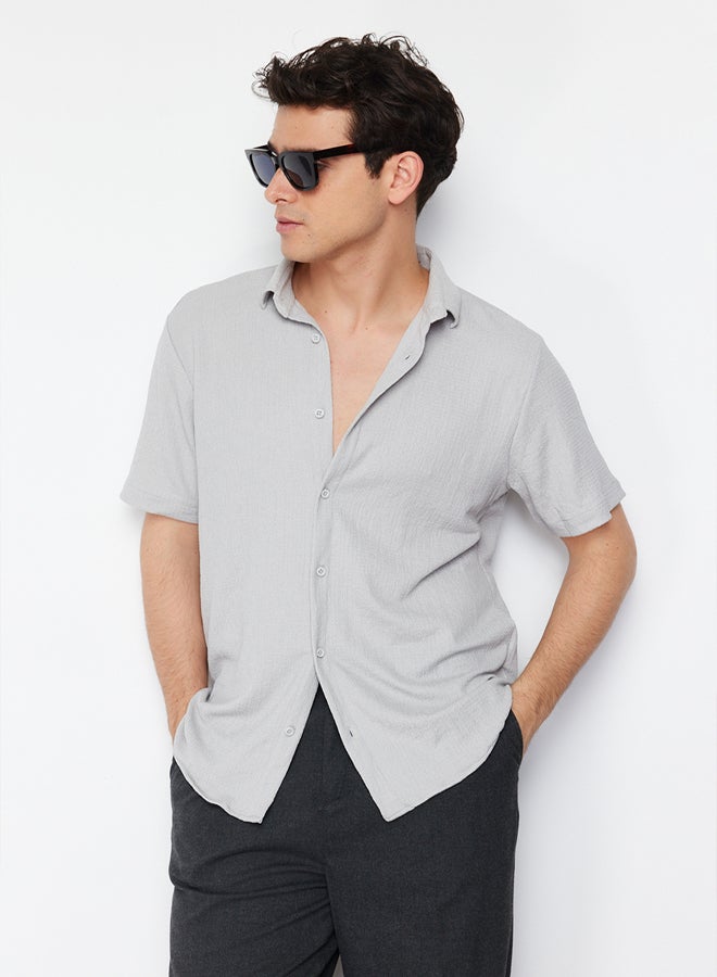 trendyol Grey Regular Fit Short Sleeve Summer Textured Crepe Knit Shirt - Image 2