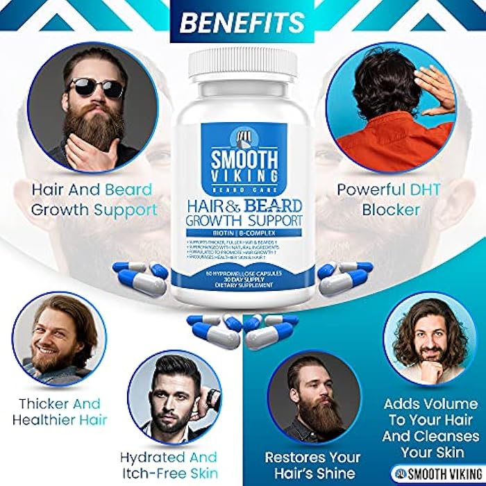 Smooth Viking Beard Care مكمل نمو لحية الفايكنج السلس - فيتامينات نمو الشعر للرجال - 5000 ميكروغرام بيوتين ومثبط DHT لعلاج تساقط الشعر - حبوب لحية لشعر أكثر كثافة وقوة (60 كبسولة) - Image 3